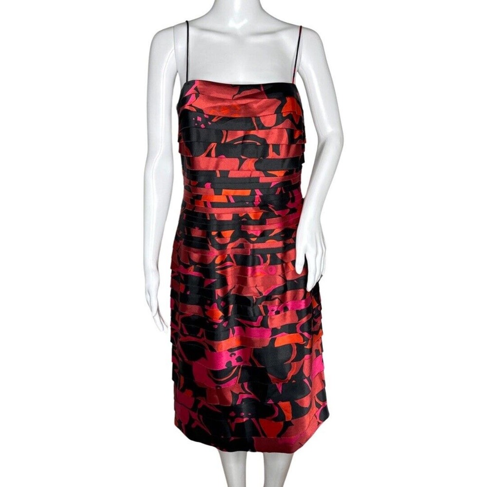 JS Collection Dress‎ Womens 8 Red Pink Black Sheath Dress Shutter Pleats Preppy